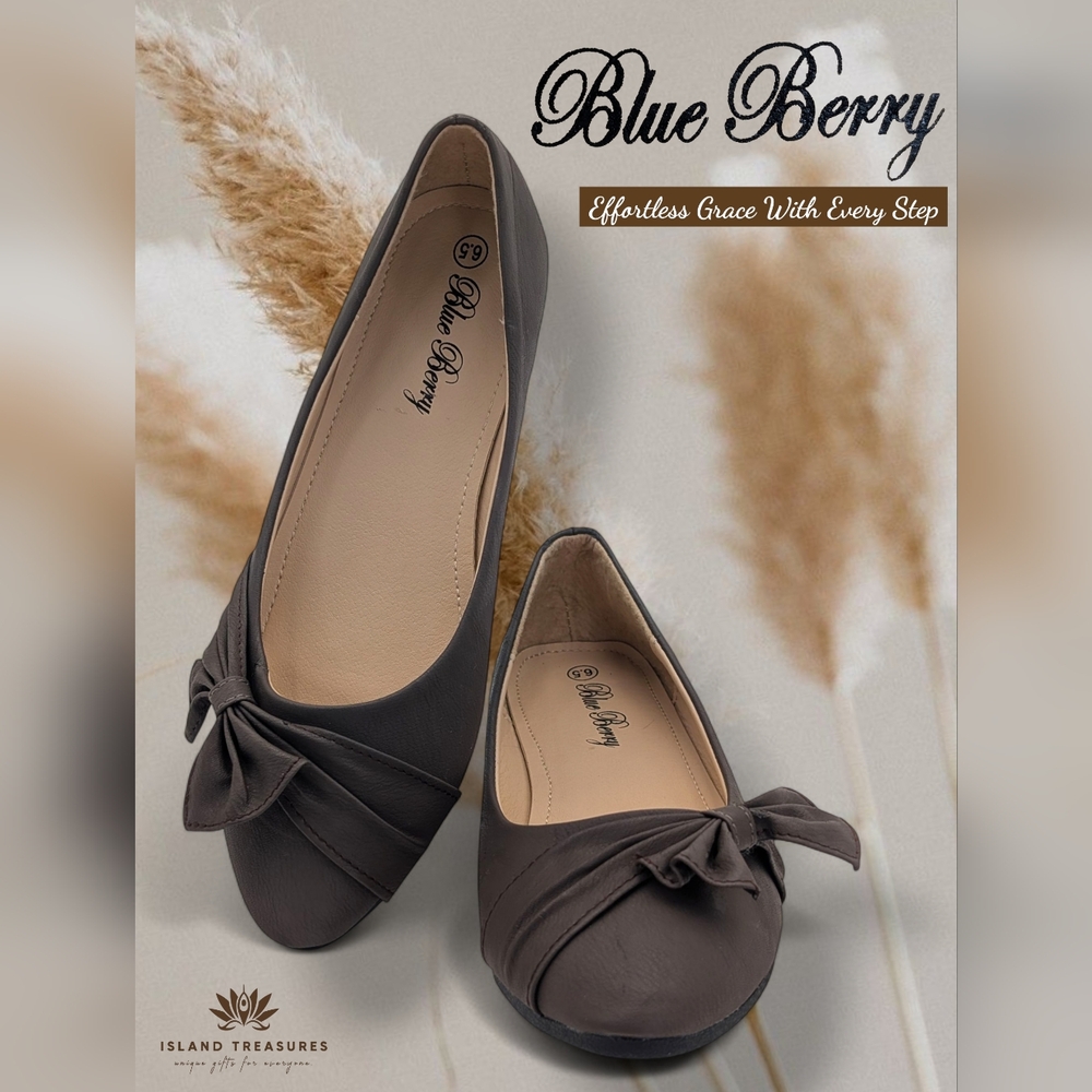 New Blue Berry Brown Ballet Flats Sz 6.5 Women Side Bows Faux Leather Almond Toe